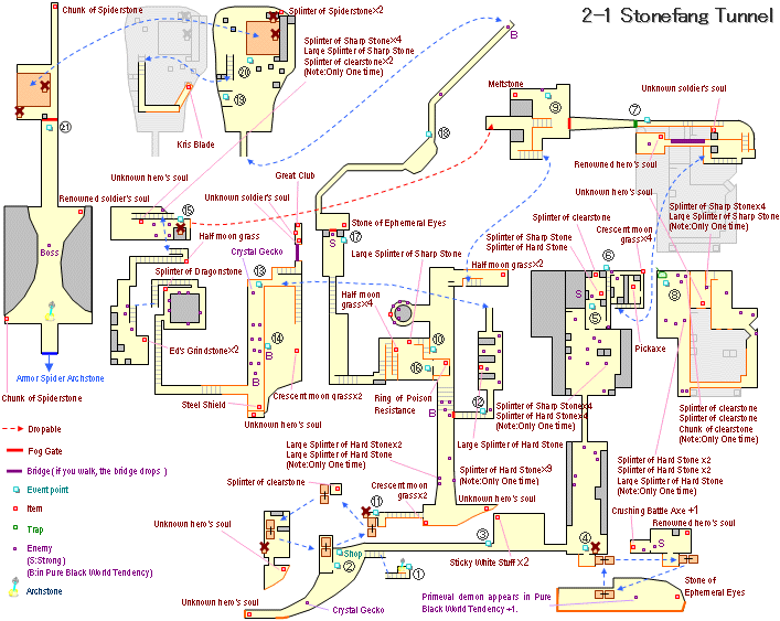 Demon's souls:2-1:Stonefang Tunnel's map